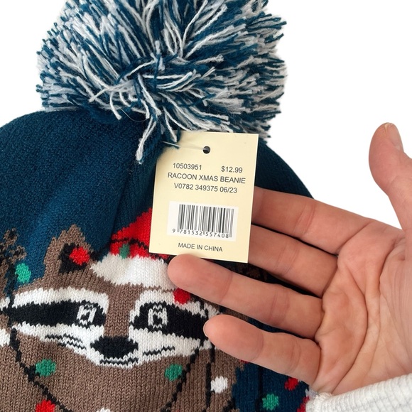 Books-A-Million Happy Holidays raccoon trash can winter beanie acrylic - Picture 7 of 9